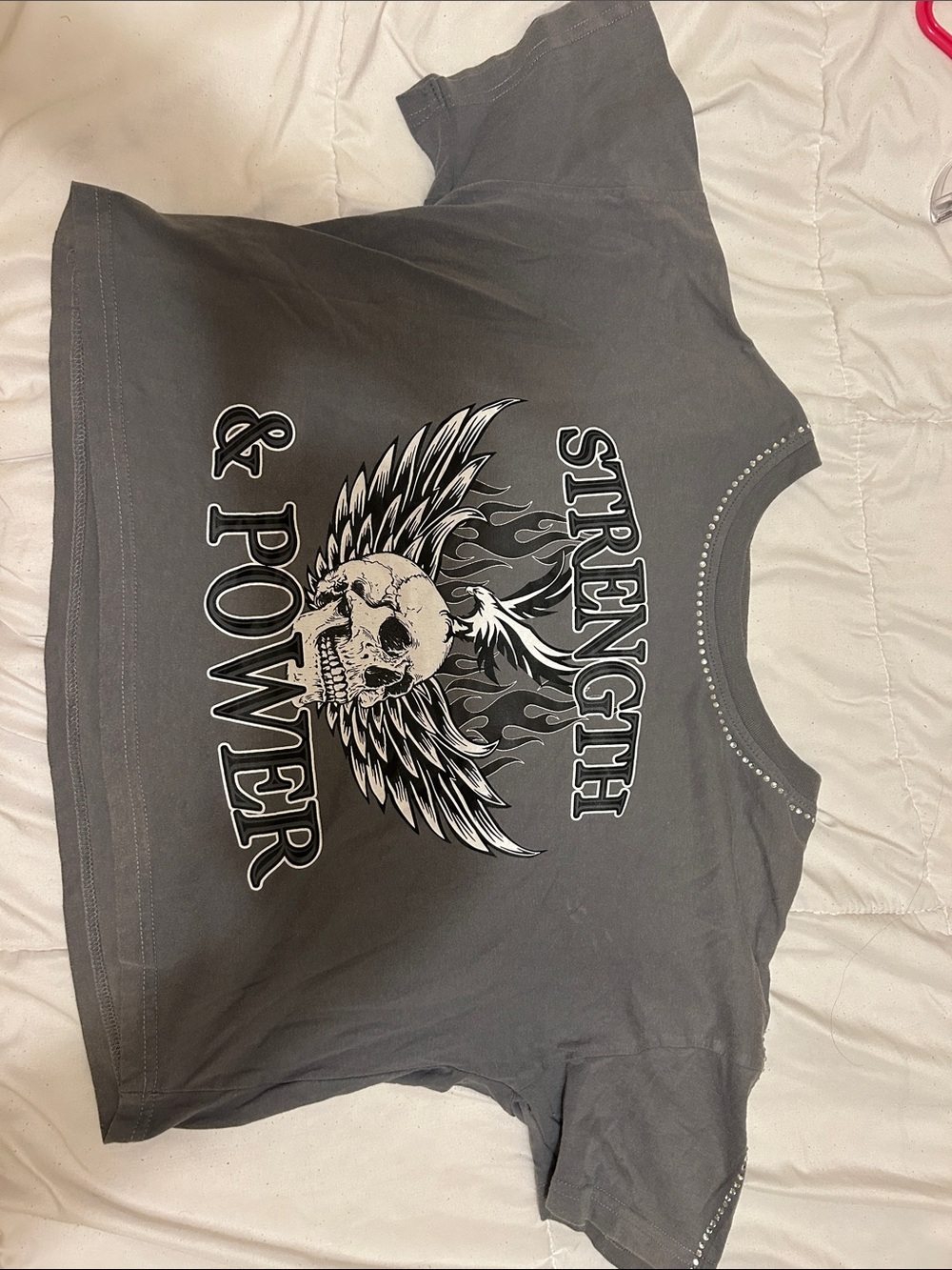 Strength & Power Graphic Tee in Charcoal with Skull Wings